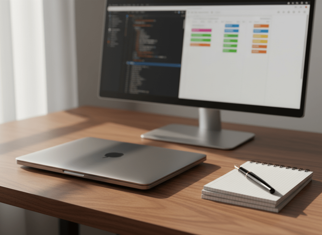A sleek, closed silver laptop with a matte finish, a small stack of graph-paper notebooks, and a single black fountain pen with a gold nib arranged precisely on a smooth walnut desk. Behind them, a minimal external monitor displays a blurred interface of a code editor and project kanban board, softly out of focus. Late-afternoon natural light enters from an unseen window to the left, creating gentle reflections on the laptop lid and long, calm shadows across the wood grain. Photographed at eye level with a slight angle, using a shallow depth of field to emphasize the tools of creation. The mood is quiet, deliberate, and sophisticated, evoking an indie developer’s workspace in clean, photographic realism.