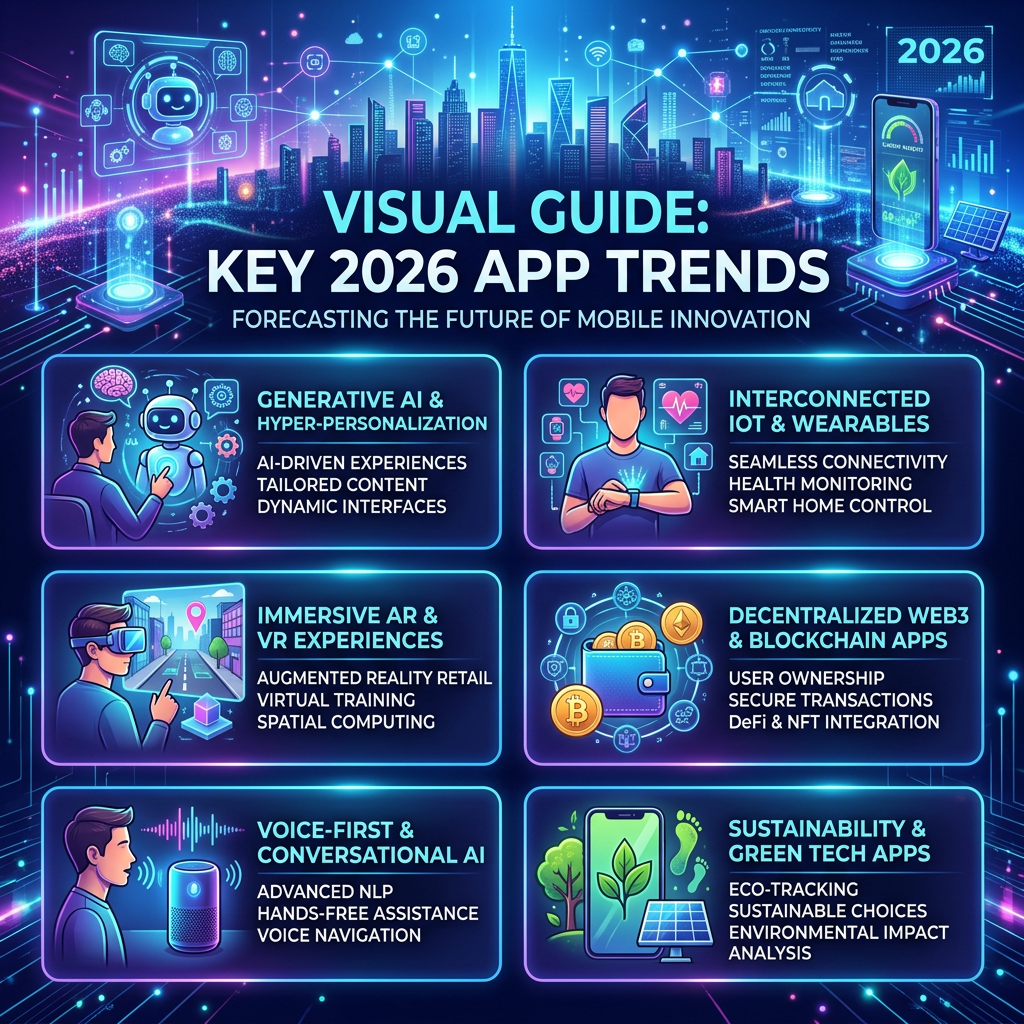 Visual guide listing key 2026 mobile app trends including AI personalization, IoT wearables, AR/VR, blockchain, conversational AI, and green tech apps
