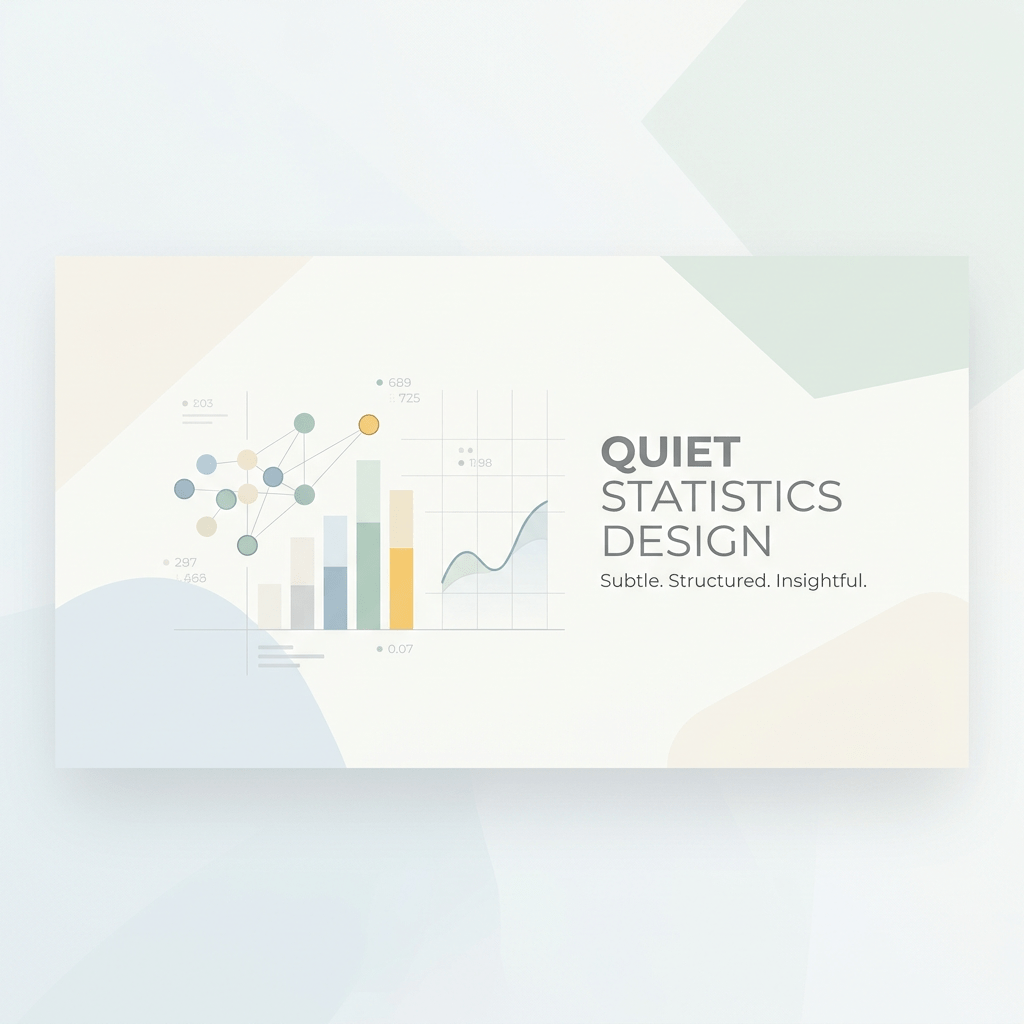 Bar, line, and network charts with subtle colors and text 'Quiet Statistics Design Subtle. Structured. Insightful.'