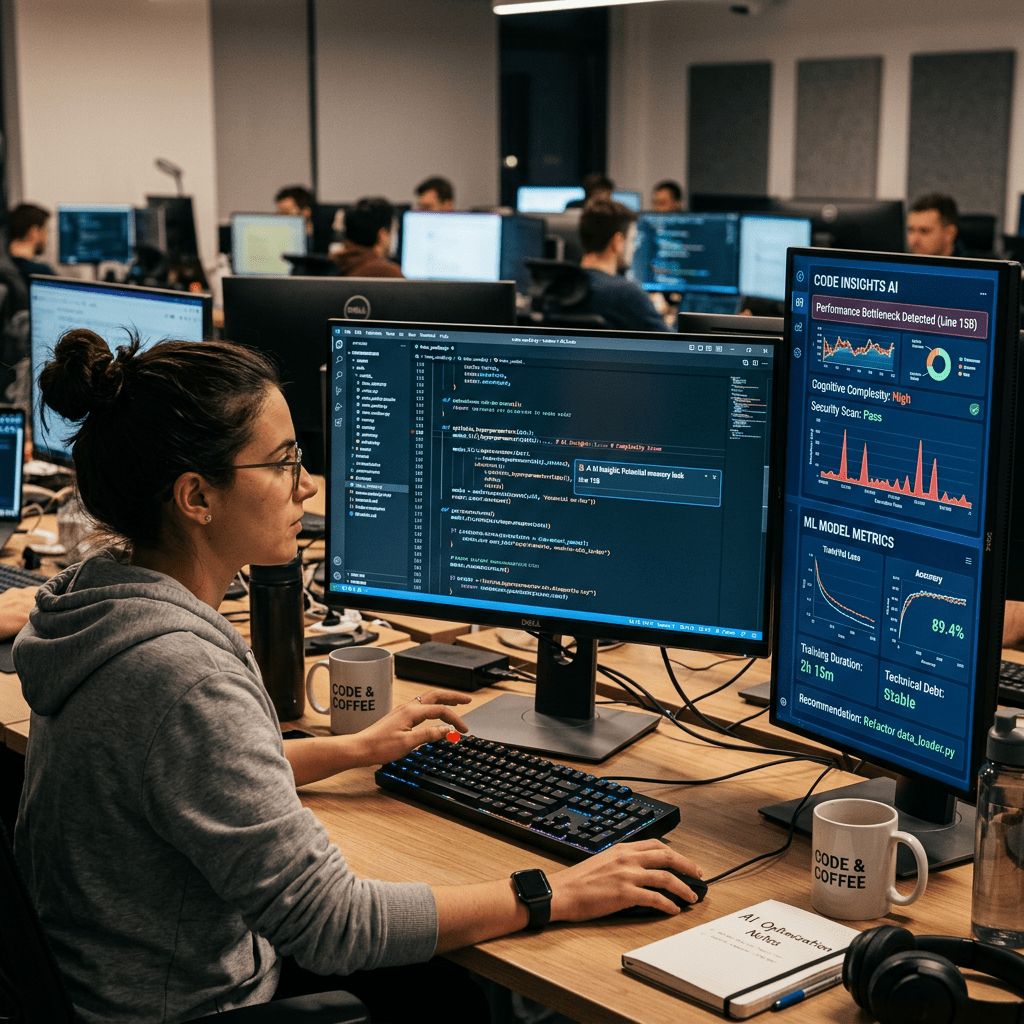 Developer working on coding and performance analysis with AI metrics on dual monitors