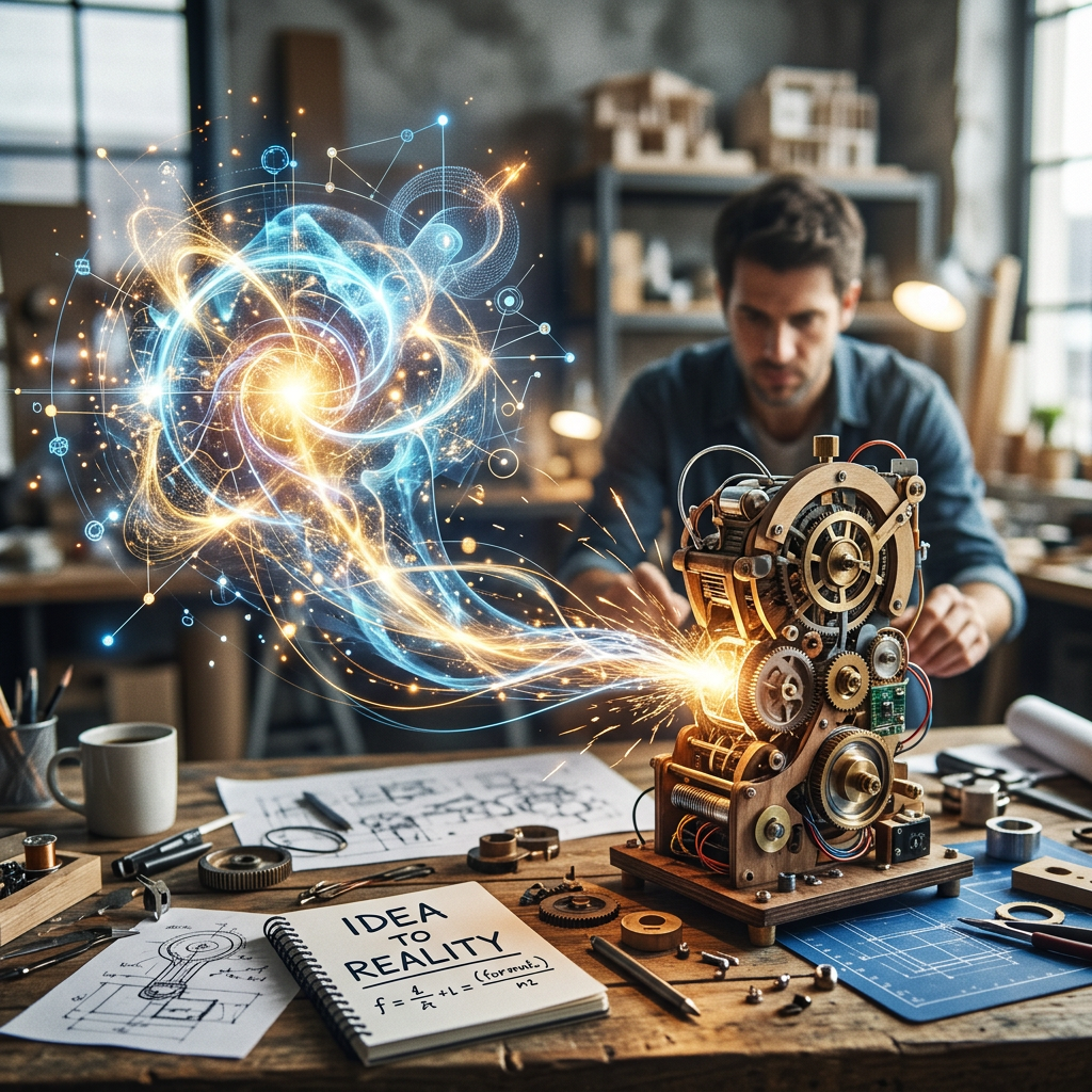 Man assembling mechanical device with glowing conceptual design elements and engineering sketches